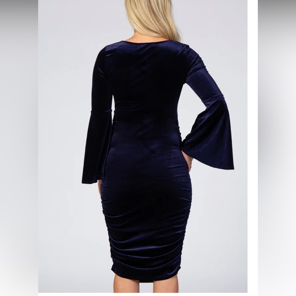 Navy Blue Velvet Ruched Bell Sleeve Maternity Dress - Picture 3 of 3